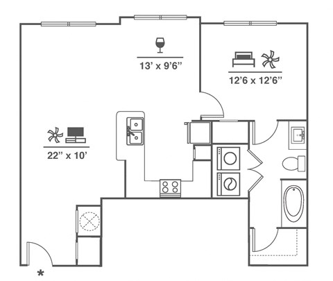 Floor plan for 1 bed, 1 bath, 917 sqft